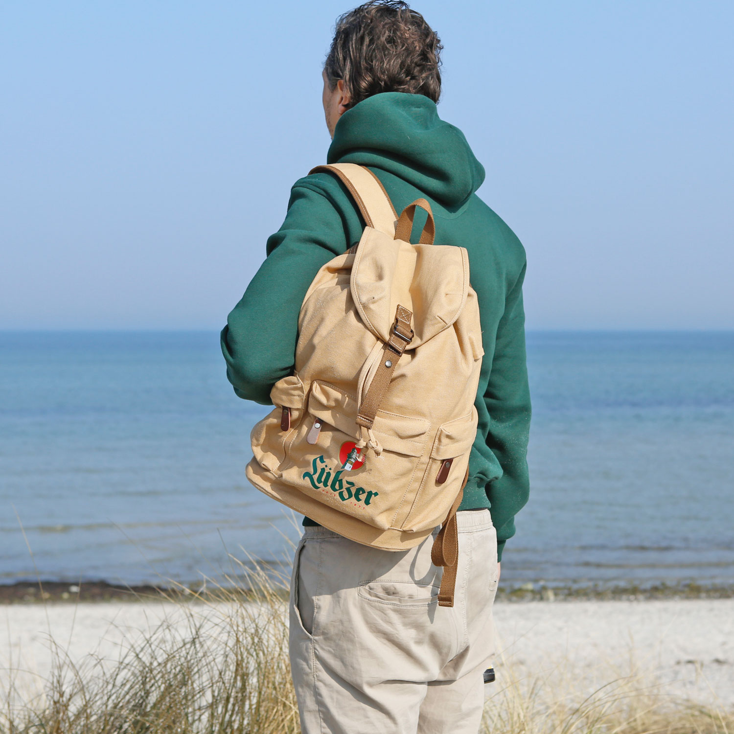 Canvas-Rucksack, beige mit vielen Taschen für Momente in der Natur